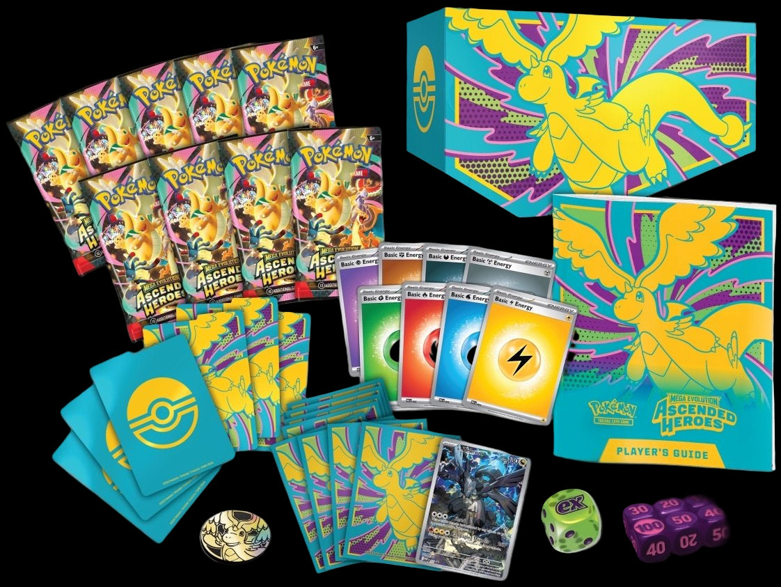 Pokemon TCG Ascended Heroes Elite Trainer Box contents laid out