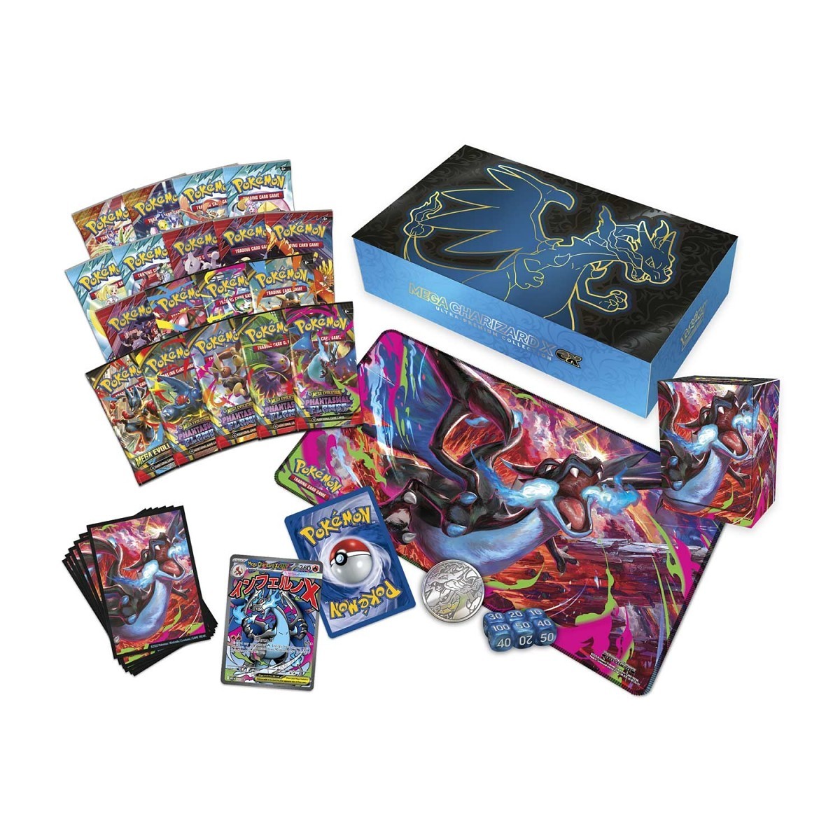 Mega Charizard X ex Ultra-Premium Collection contents laid out